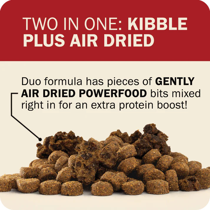 Redbarn grain free dog food featuring kibble mixed with air dried powerfood for extra protein boost