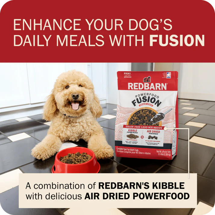 Redbarn grain free dog food in a bag with a happy dog and food bowl for enhanced meals