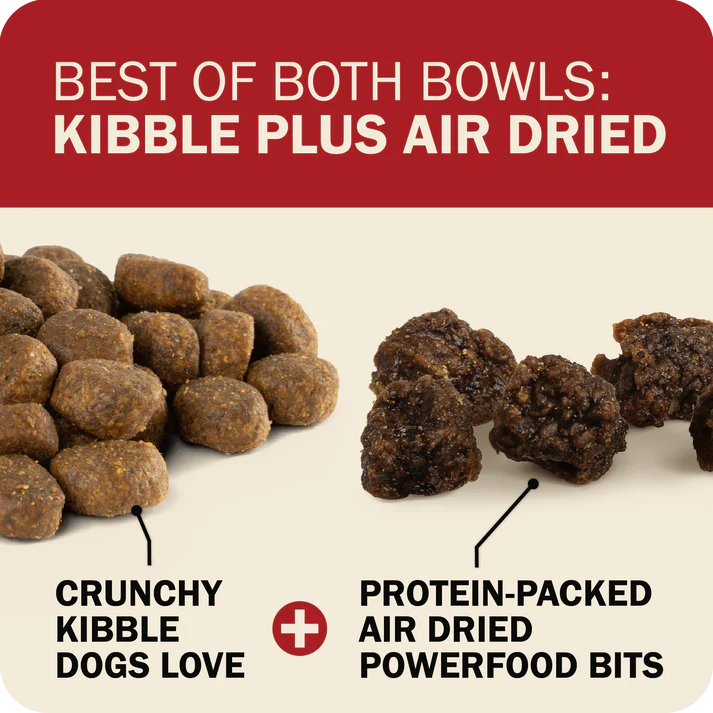 Redbarn grain free dog food featuring crunchy kibble and protein-packed air dried bits