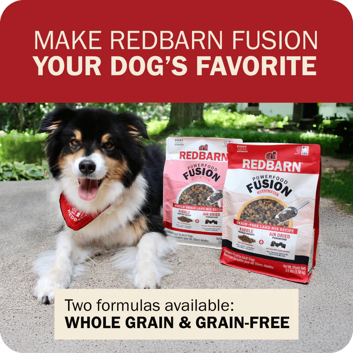 Redbarn grain free dog food bags with a dog in a bandana posing happily outdoors