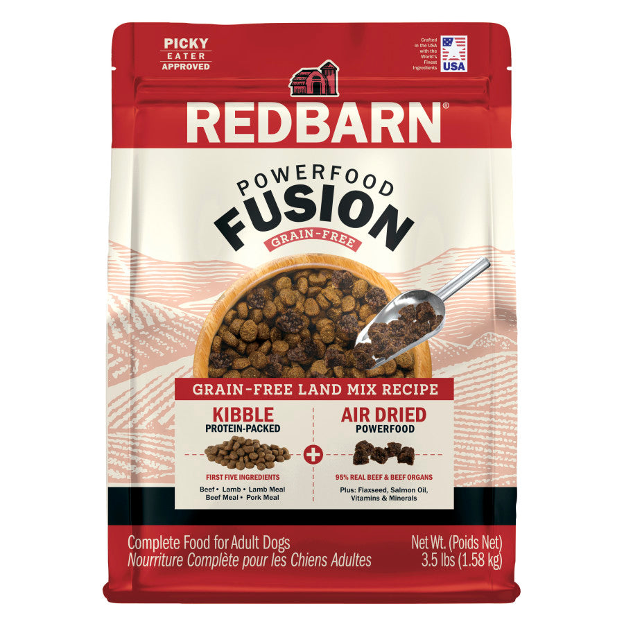 Redbarn grain free dog food in a 3.5 lb bag, featuring protein-packed kibble and air-dried ingredients