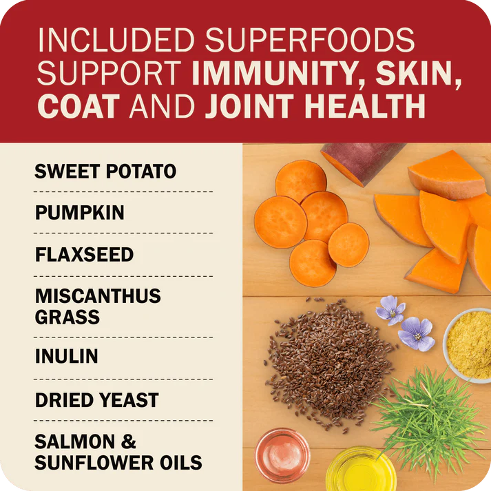 Redbarn grain free dog food with included superfoods for immunity, skin, coat, and joint health