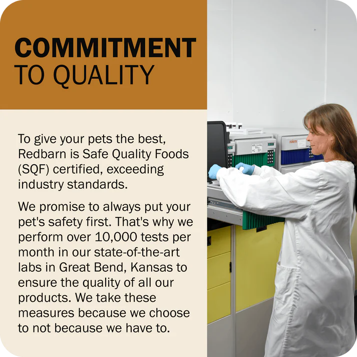 Redbarn Commitment to Quality with lab technician ensuring grain free dry dog food safety standards