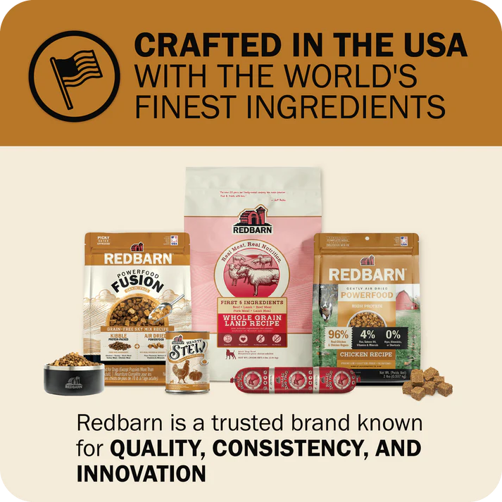 Redbarn grain free dry dog food featuring premium ingredients and flavors for healthy pups