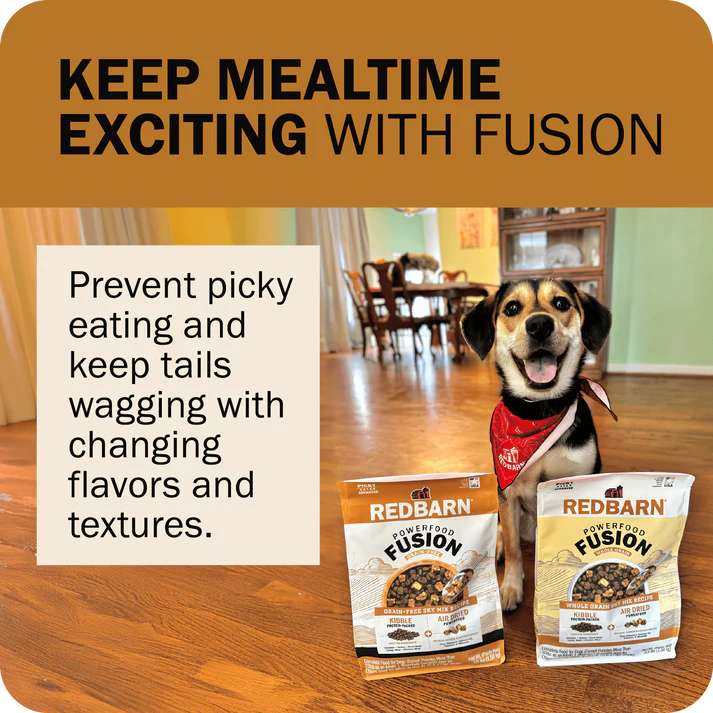 Redbarn Fusion grain free dry dog food in a bag with a happy dog promoting exciting mealtime options