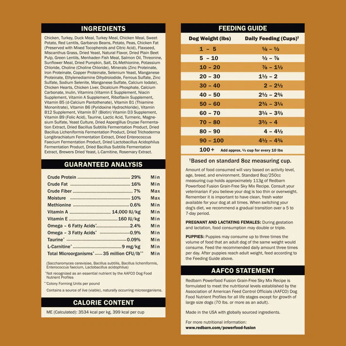 Redbarn grain free dry dog food ingredients and feeding guide for healthy dog nutrition