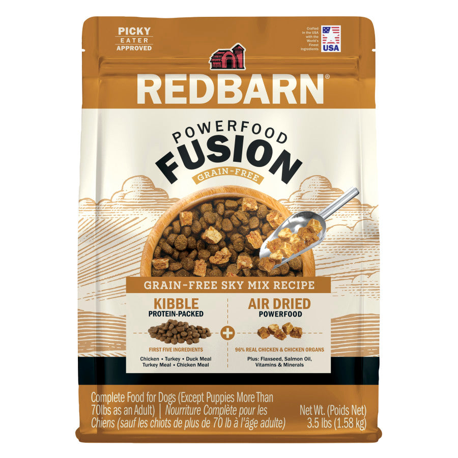 Redbarn Powerfood Fusion Grain-Free Dry Dog Food with protein-packed kibble and air-dried powerfood