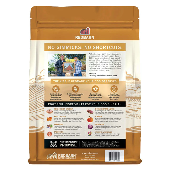 Redbarn grain free dry dog food bag featuring real chicken and salmon for your dog's health
