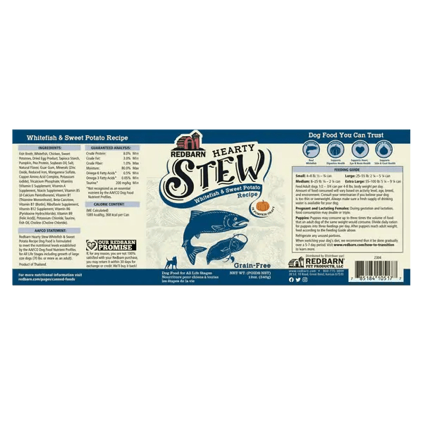 Redbarn Pet Products Hearty Stew All Life Stages Whitefish & Sweet Potato Wet Dog Food 12ea/12 oz - Talis Us