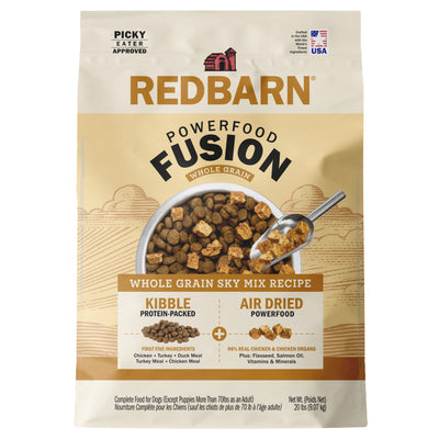 Redbarn Powerfood Fusion chicken dog food in a bag with whole grain and air dried ingredients