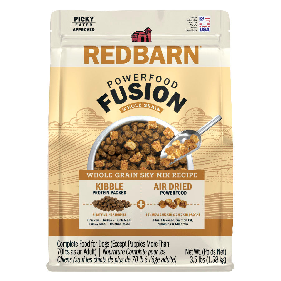 Redbarn Powerfood Fusion chicken dog food whole grain kibble mix in a 3.5 lb bag for dogs