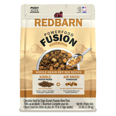 Redbarn Powerfood Fusion chicken dog food whole grain kibble mix in a 3.5 lb bag for dogs