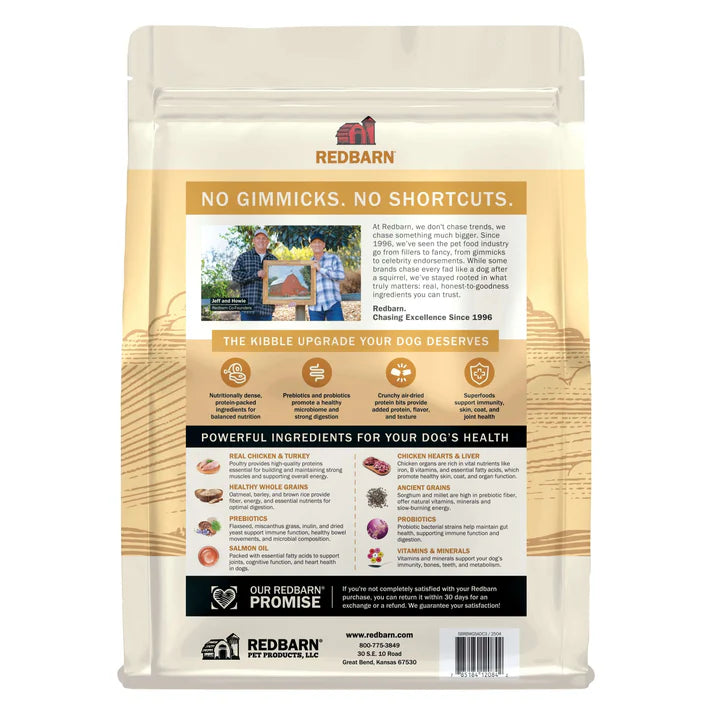 Redbarn Powerfood Fusion chicken dog food bag featuring healthy ingredients and no shortcuts