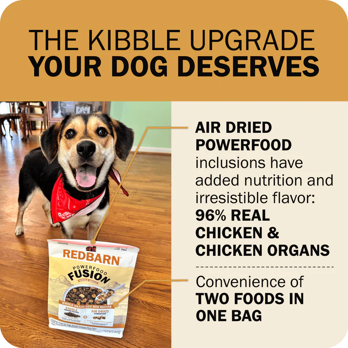 Redbarn Powerfood Fusion chicken dog food bag next to a happy dog, highlighting nutritious ingredients and flavor