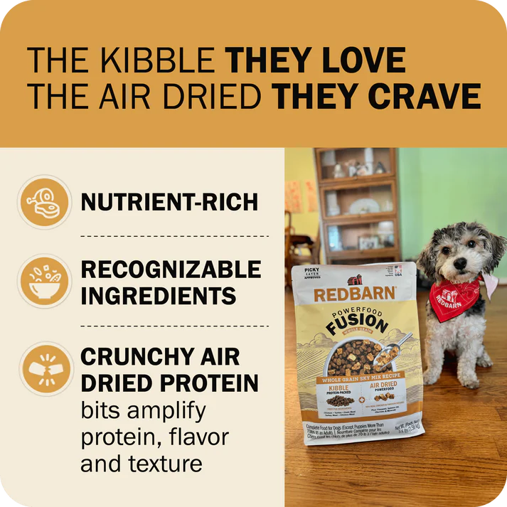 Redbarn Powerfood Fusion chicken dog food featuring nutrient-rich ingredients and crunchy air dried protein
