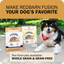 Redbarn Powerfood Fusion chicken dog food bags beside a happy dog in a park setting