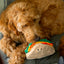 Happy dog cuddling with the ThoozyPet sandwich dog toy featuring a cute smiling face