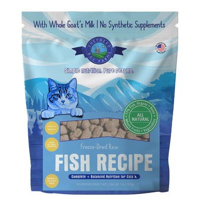Shepherd Boy Farms freeze dried fish cat food with whole goat's milk for all natural nutrition