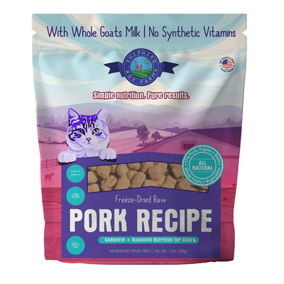 Shepherd Boy Farms freeze dried pork cat food in a colorful bag, offering complete nutrition for cats
