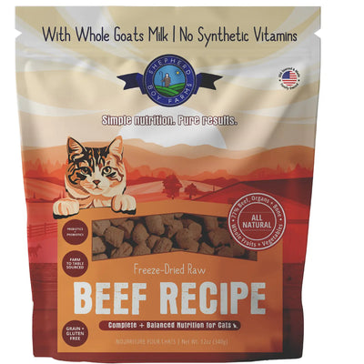 Shepherd Boy Farms freeze dried beef cat food in a bag, featuring whole goats milk and natural ingredients