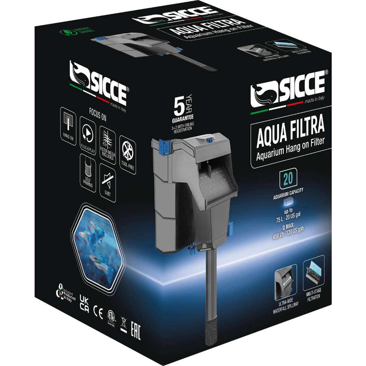 Sicce Aqua Filtra aquarium filter for aquariums up to 20 gallons with efficient filtration system