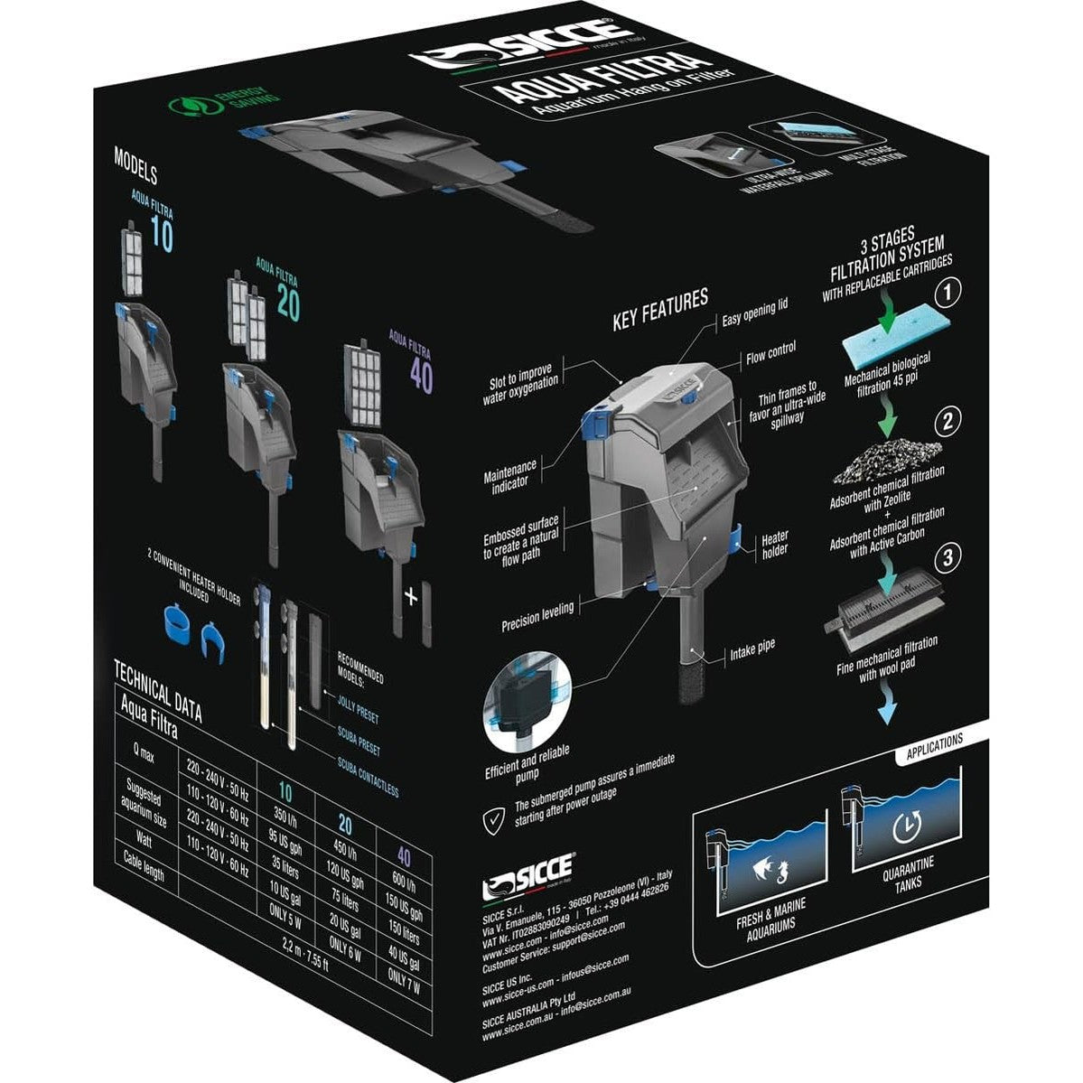 Sicce Aqua Filtra aquarium filter with three-stage filtration system and replaceable cartridges