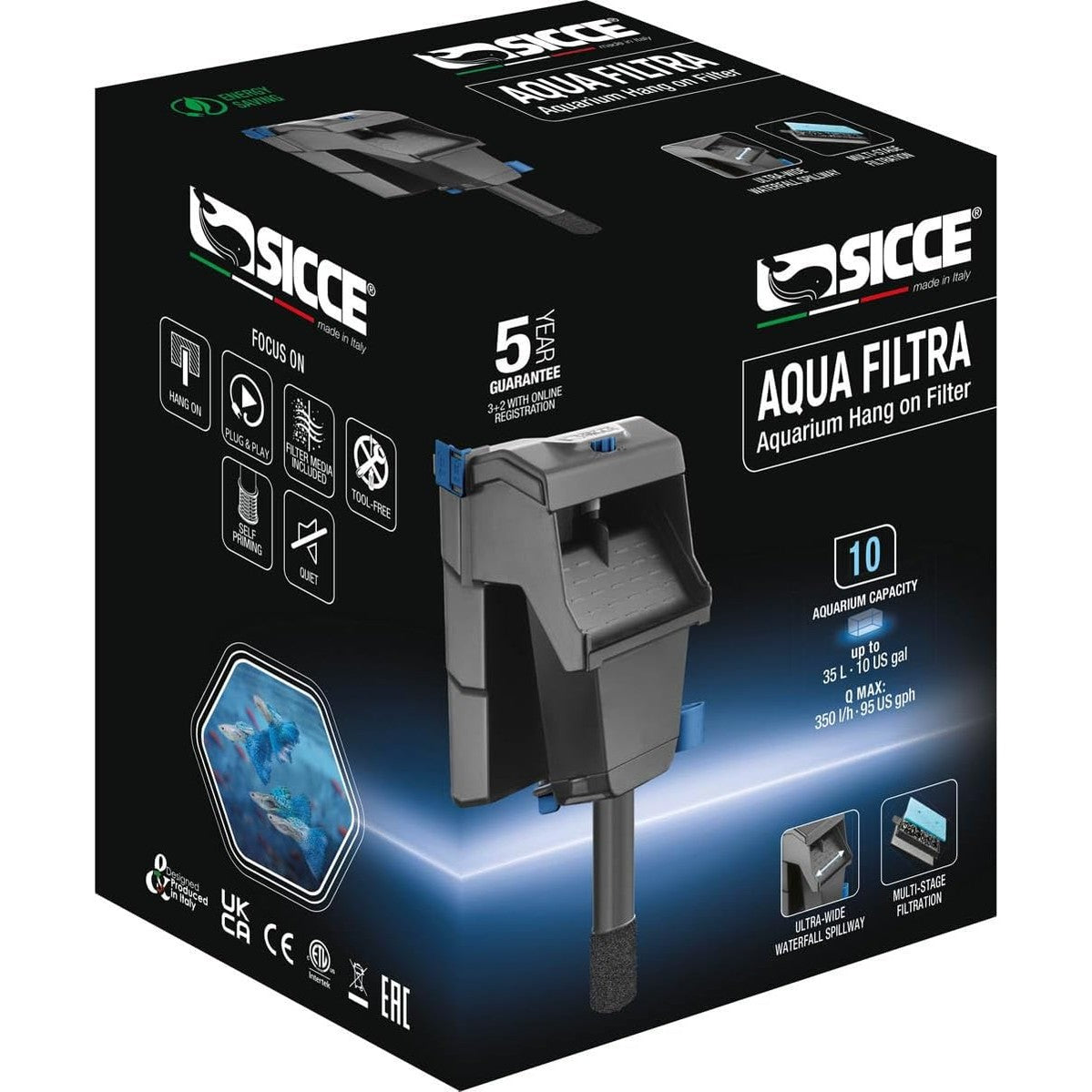 Sicce Aqua Filtra aquarium filter for 3 to 10-gallon tanks with easy installation and effective filtration