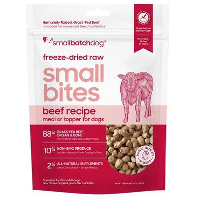 Smallbatch Pets beef freeze dried dog food in a 10 ounce bag with details on ingredients and feeding guide.