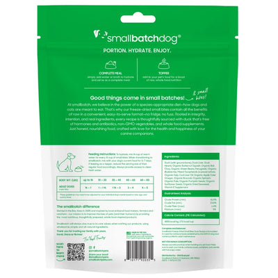Smallbatch Pets Duck Freeze Dried Dog Food with Nutritional Information on the Bag