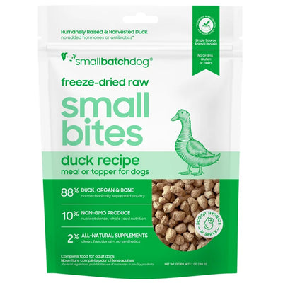 Smallbatch Pets Duck Freeze Dried Dog Food in bite-sized pieces for easy serving and meal topper