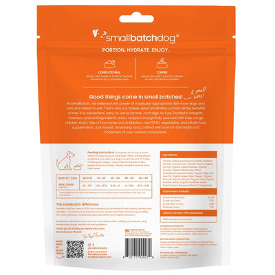 Smallbatch Pets freeze dried chicken dog food packaging with feeding instructions and nutritional information