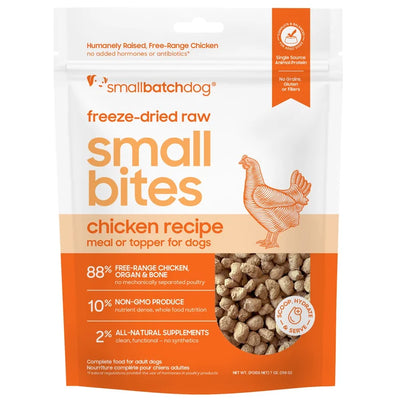 Smallbatch Pets freeze dried chicken dog food in a resealable bag, ideal for meals or toppers