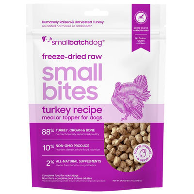 Smallbatch Pets Turkey Freeze Dried Dog Food in a resealable bag, perfect for dogs' meals or top-up needs