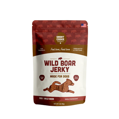 Smart Cookie wild boar jerky for dogs made with 100% wild boar and a single ingredient