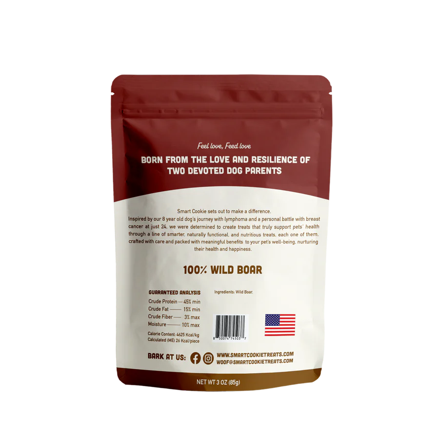 Smart Cookie Wild Boar Jerky for Dogs in a 3 oz bag with natural ingredients and healthy snacks