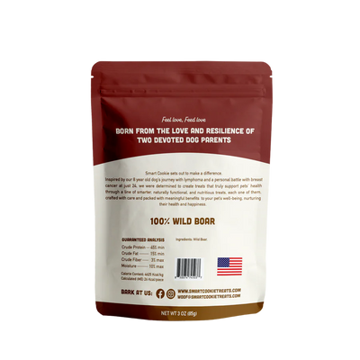 Smart Cookie Wild Boar Jerky for Dogs in a 3 oz bag with natural ingredients and healthy snacks