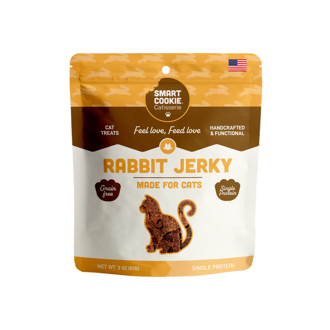 Smart Cookie grain free cat jerky in Rabbit flavor, made for cats with single protein ingredients