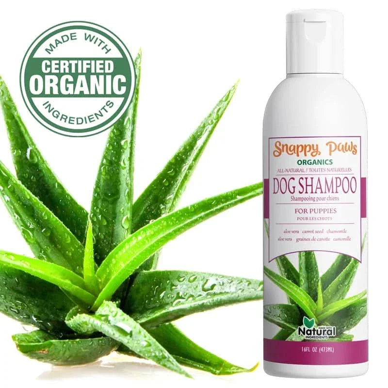 Snappy Tom natural dog shampoo for puppies made with organic ingredients and aloe vera for gentle cleaning