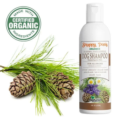 Snappy Tom organic dog shampoo for allergies with natural ingredients and pine scent for gentle grooming