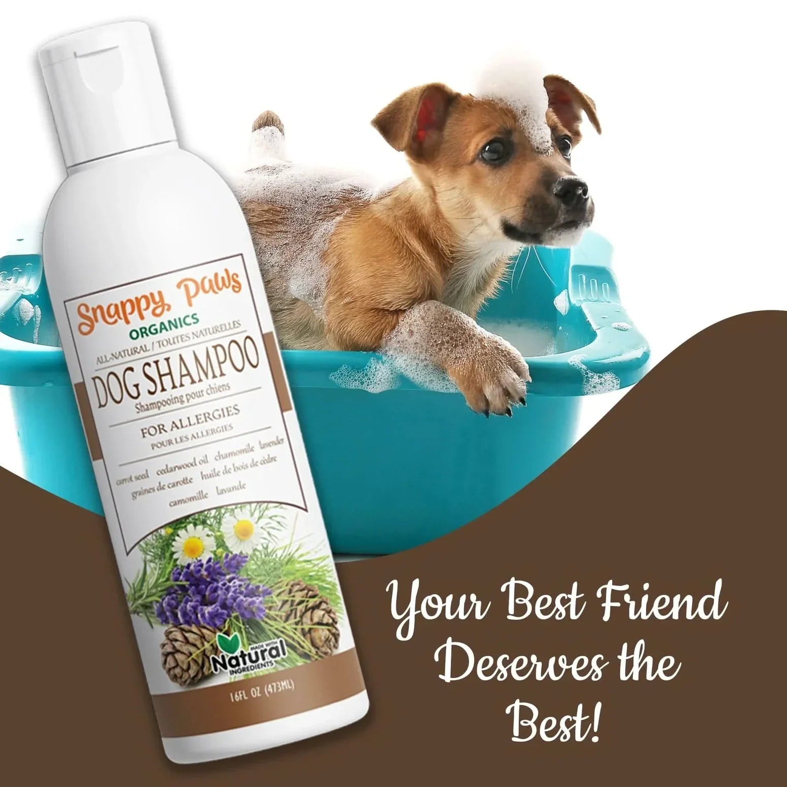 Snappy Tom Organic Dog Shampoo for Allergies in a Bottle with a Happy Puppy in a Bathing Tub