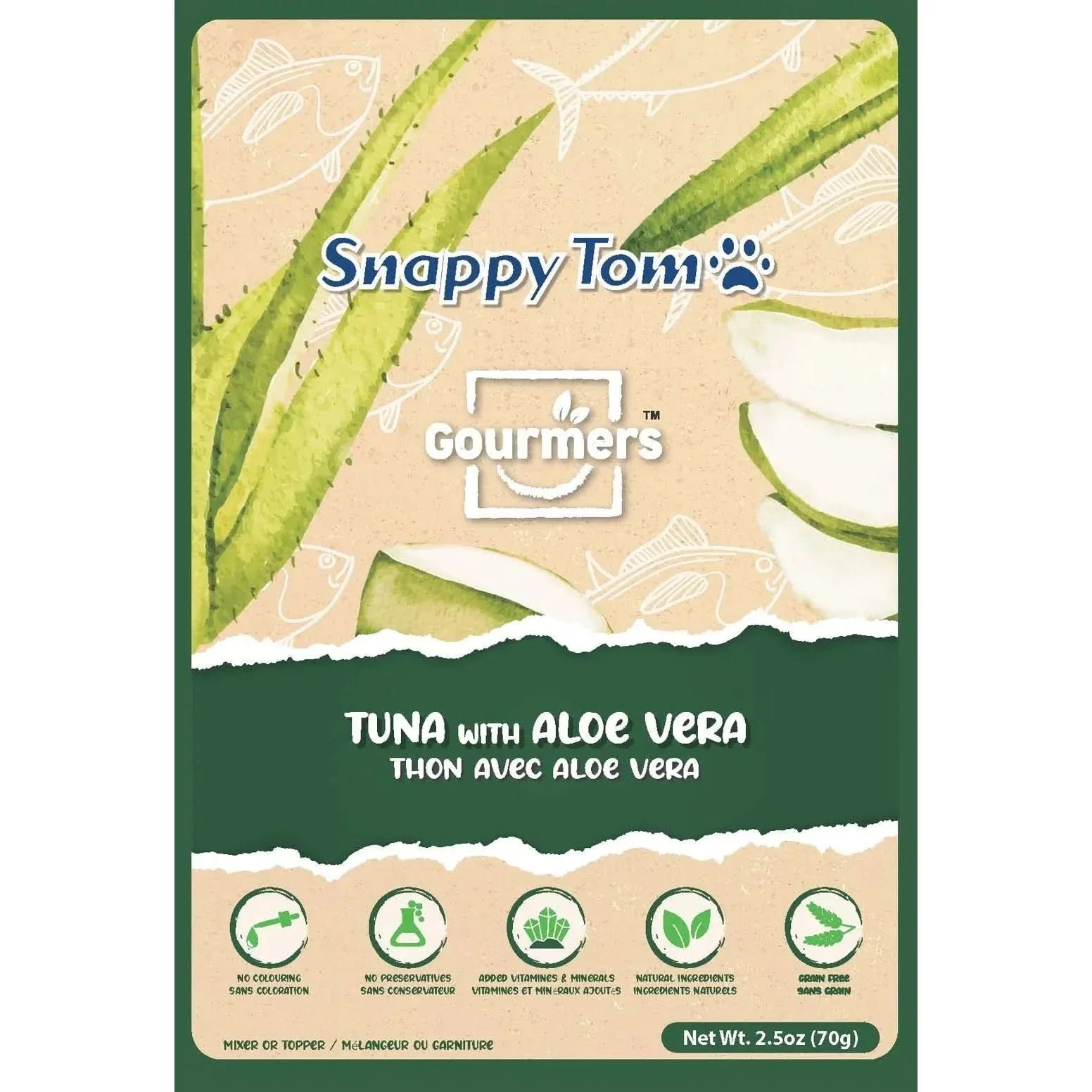 Snappy Tom Tuna and Aloe Vera Cat Treats in a 2.5oz package for healthy cat snacks