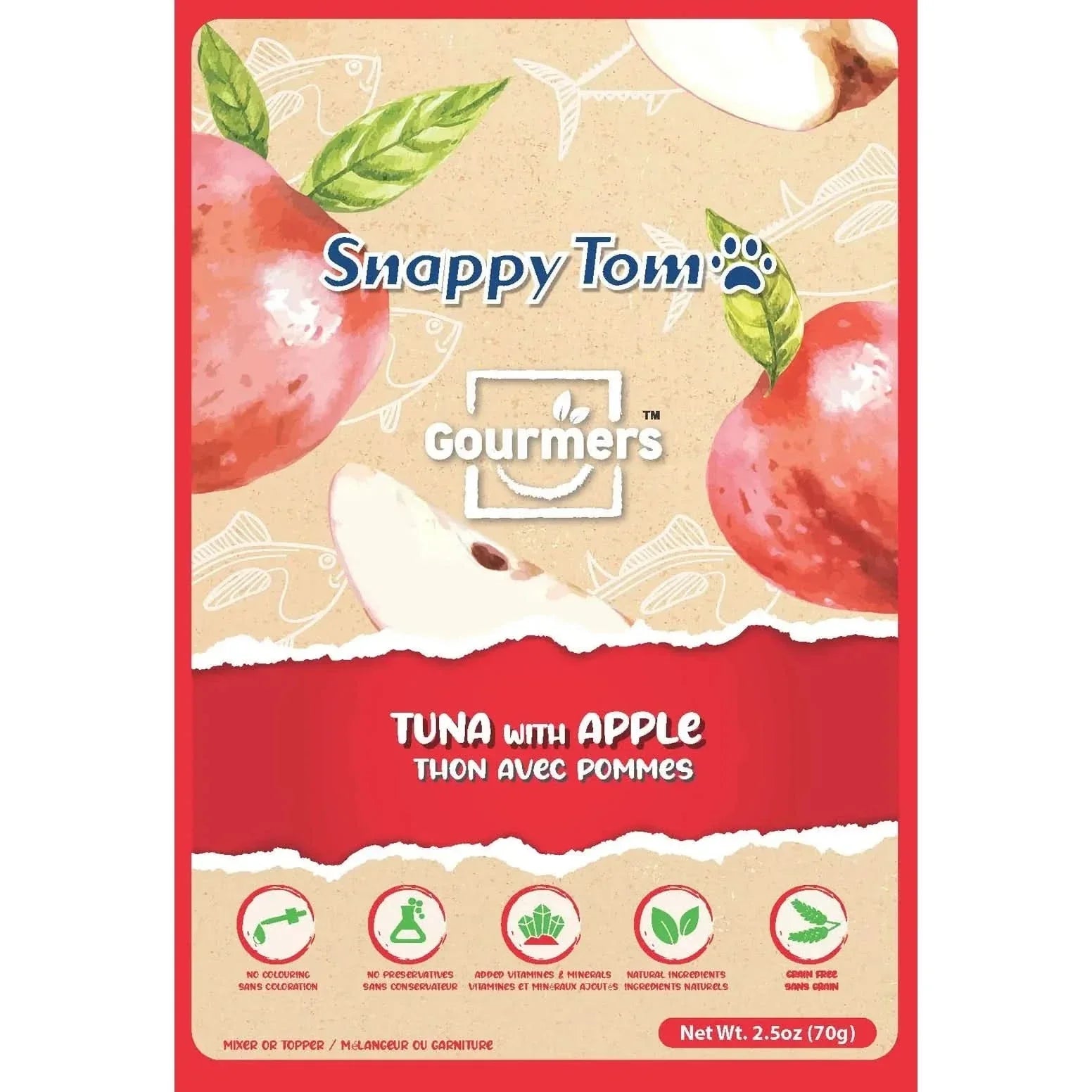 Snappy Tom Tuna and Apple Cat Topper Treats in a 70g package for added flavor and nutrition