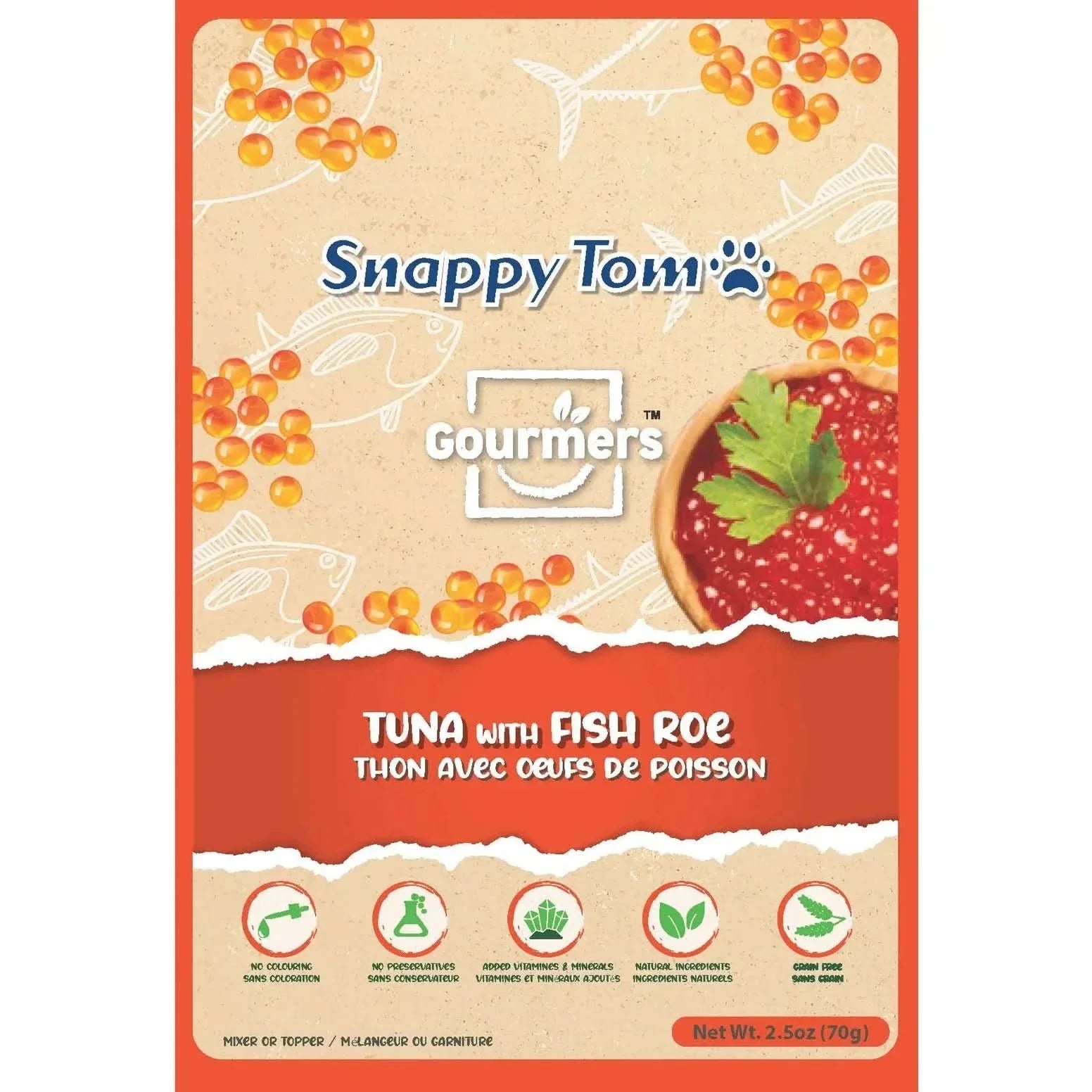 Snappy Tom Tuna and Fish Roe Cat Treats in a colorful packaging with salmon roe accent