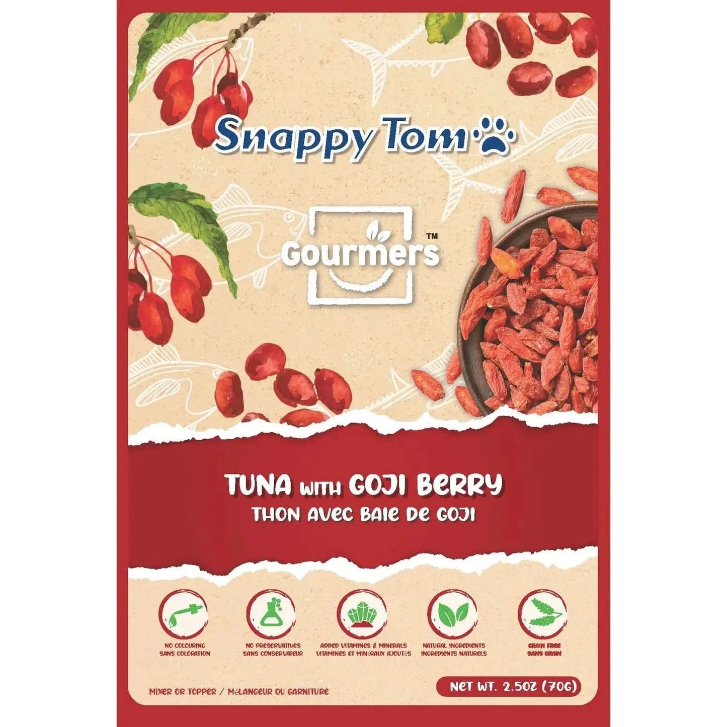 Snappy Tom Tuna and Goji Berry Cat Topper in 2.5 oz packaging, designed to enhance your cat's meals
