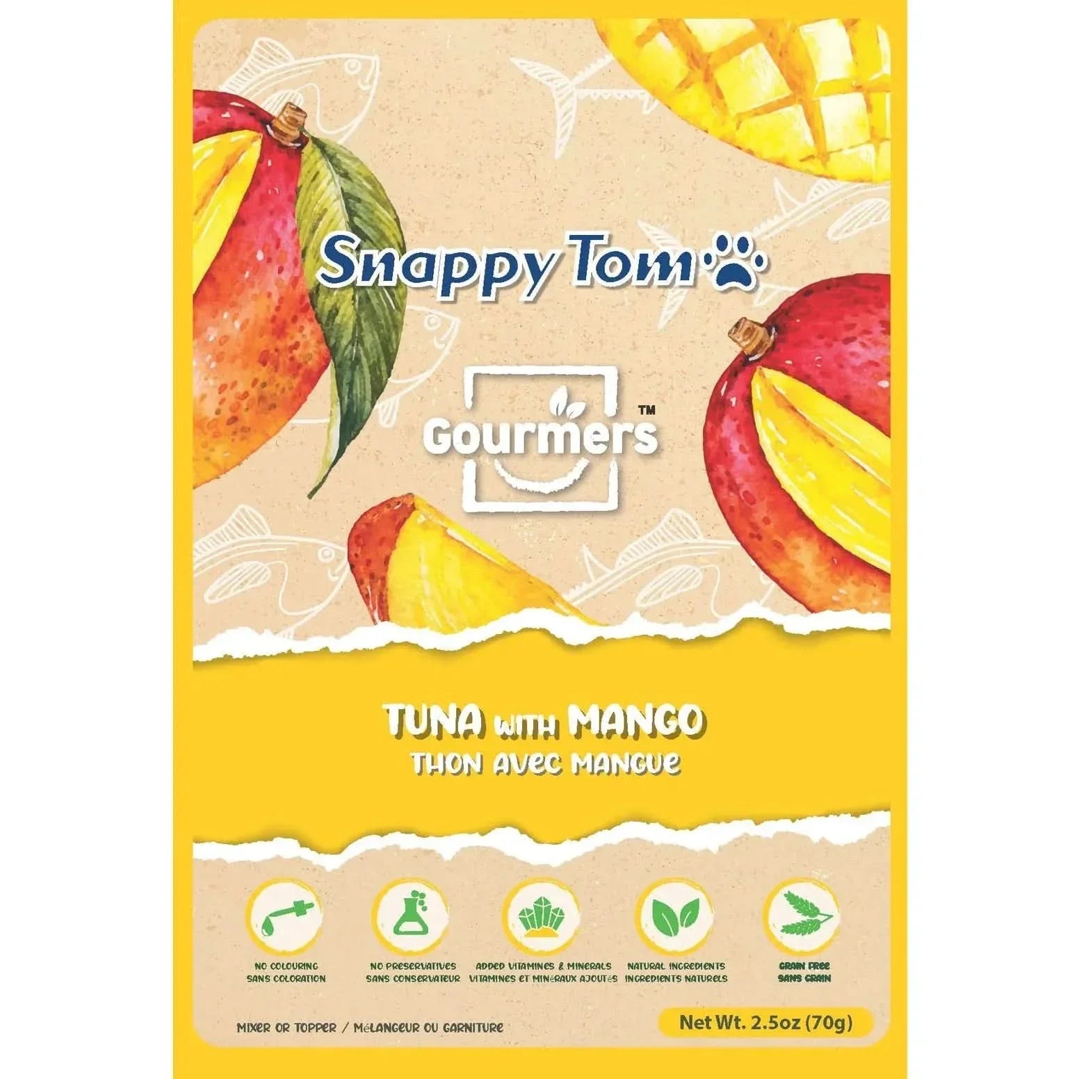 Snappy Tom Tuna and Mango Cat Topper Treats in a colorful packaging featuring mangoes and tuna