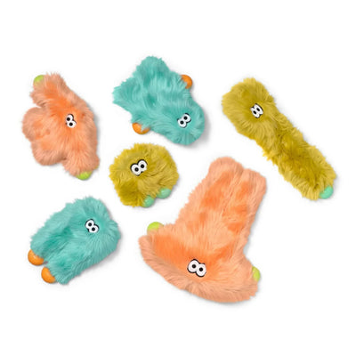 Colorful West Paw squeaky plush dog toy set featuring various furry shapes to keep pets entertained