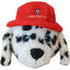 Steel Dog stuffing free dog plush toy in the shape of a firefighter dog with a red hat