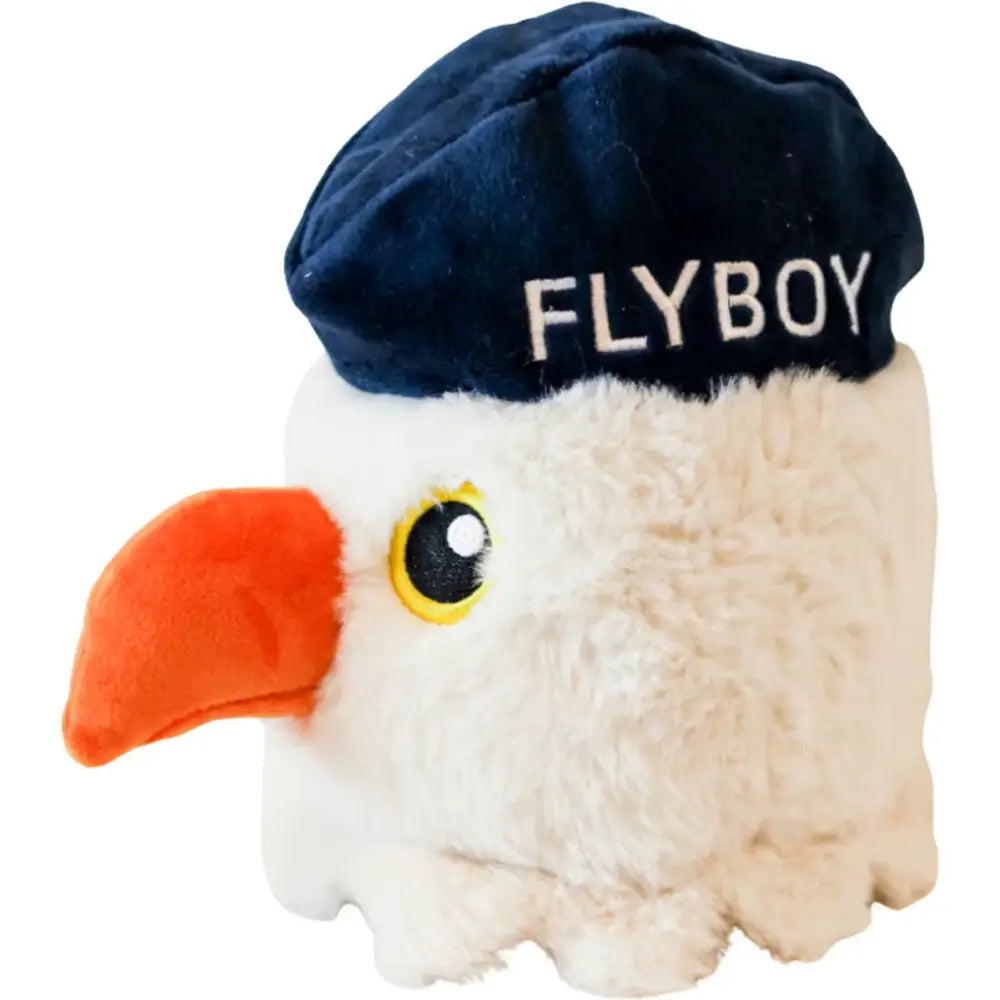 Steel Dog Stuffing Free Dog Plush Toy in the shape of a bird with a blue cap labeled FLYBOY