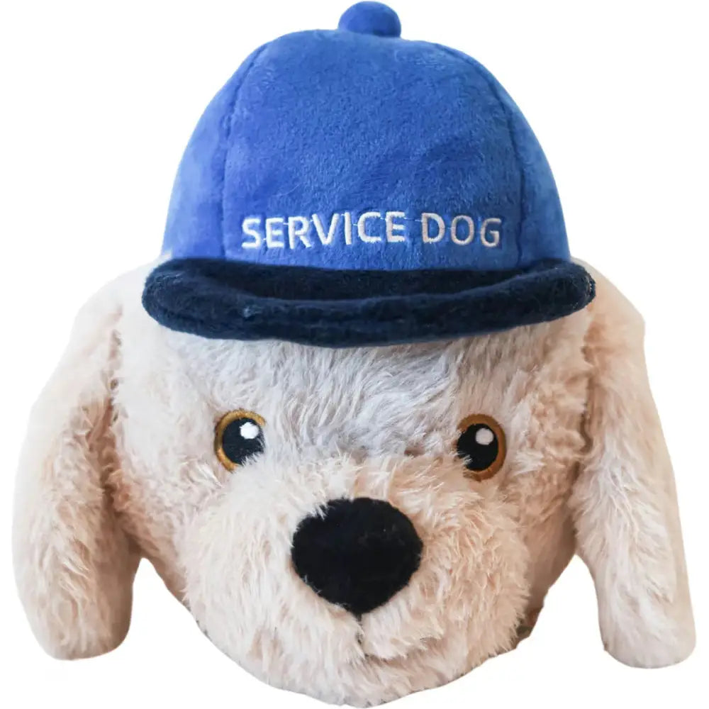 Steel Dog stuffing free dog plush toy designed as a service dog with a blue cap and soft texture