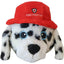 Steel Dog stuffing free dog plush toy in the shape of a firefighter dog with a red hat